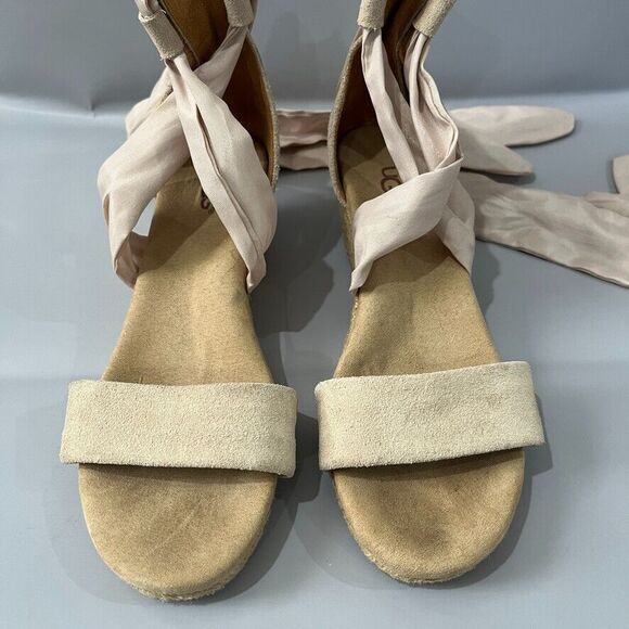 UGG Trina Jute Suede Wedge Tan Espadrille Ankle Ribbon Tie Sandals Size 6.5 - Picture 5 of 13